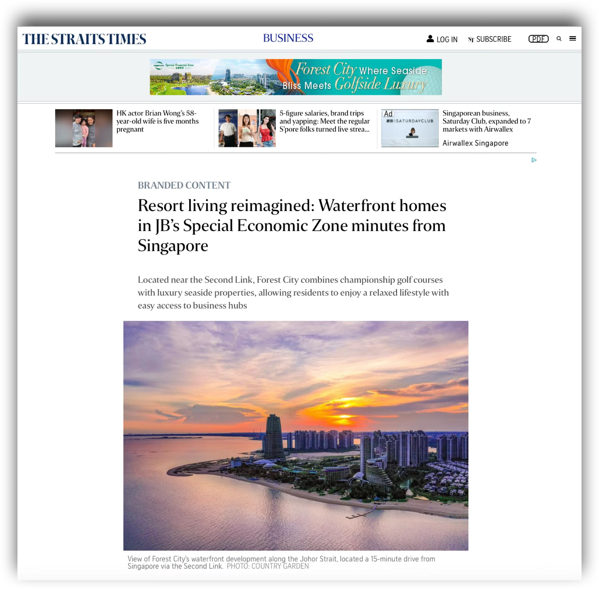 Forest City branded content on The Straits Times: Resort living reimagined